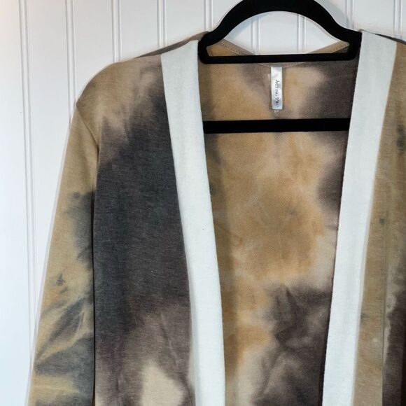 Open Front Tie Dyed Cardigan With Cream Trim Women Medium Brown Classic Workwear - Picture 2 of 10